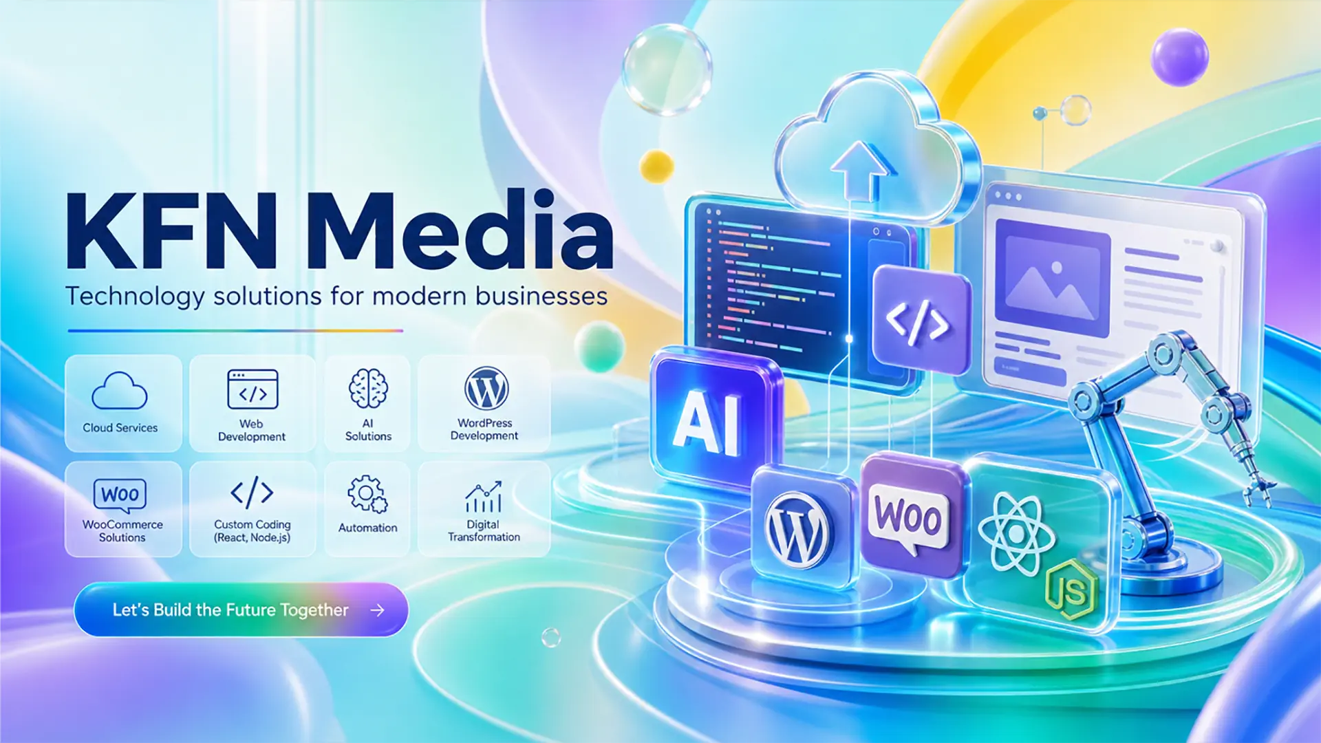 KFN Media-logotyp med moln, bildskärm som visar kod, AI- och WordPress-ikoner. En robotarm och webbplatsgränssnitt syns också.