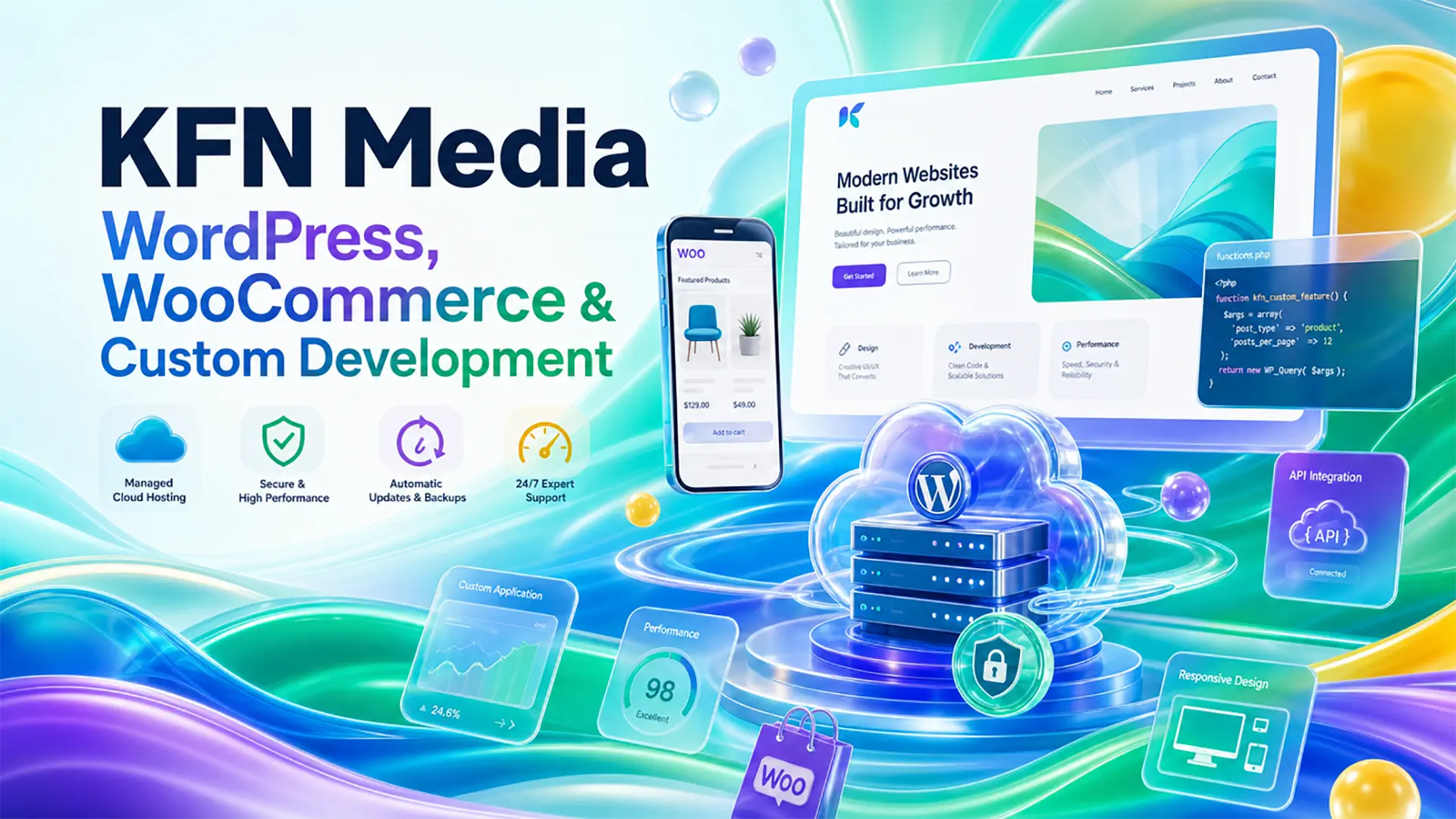 Illustration som visar KFN Medias tjänster för WordPress, WooCommerce och anpassad utveckling med ikoner för hosting, säkerhet och support.